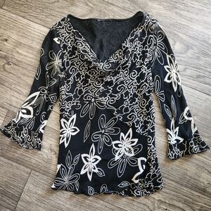 Y2K Cowl Neck Quarter Sleeve Floral Abstract Boho Top